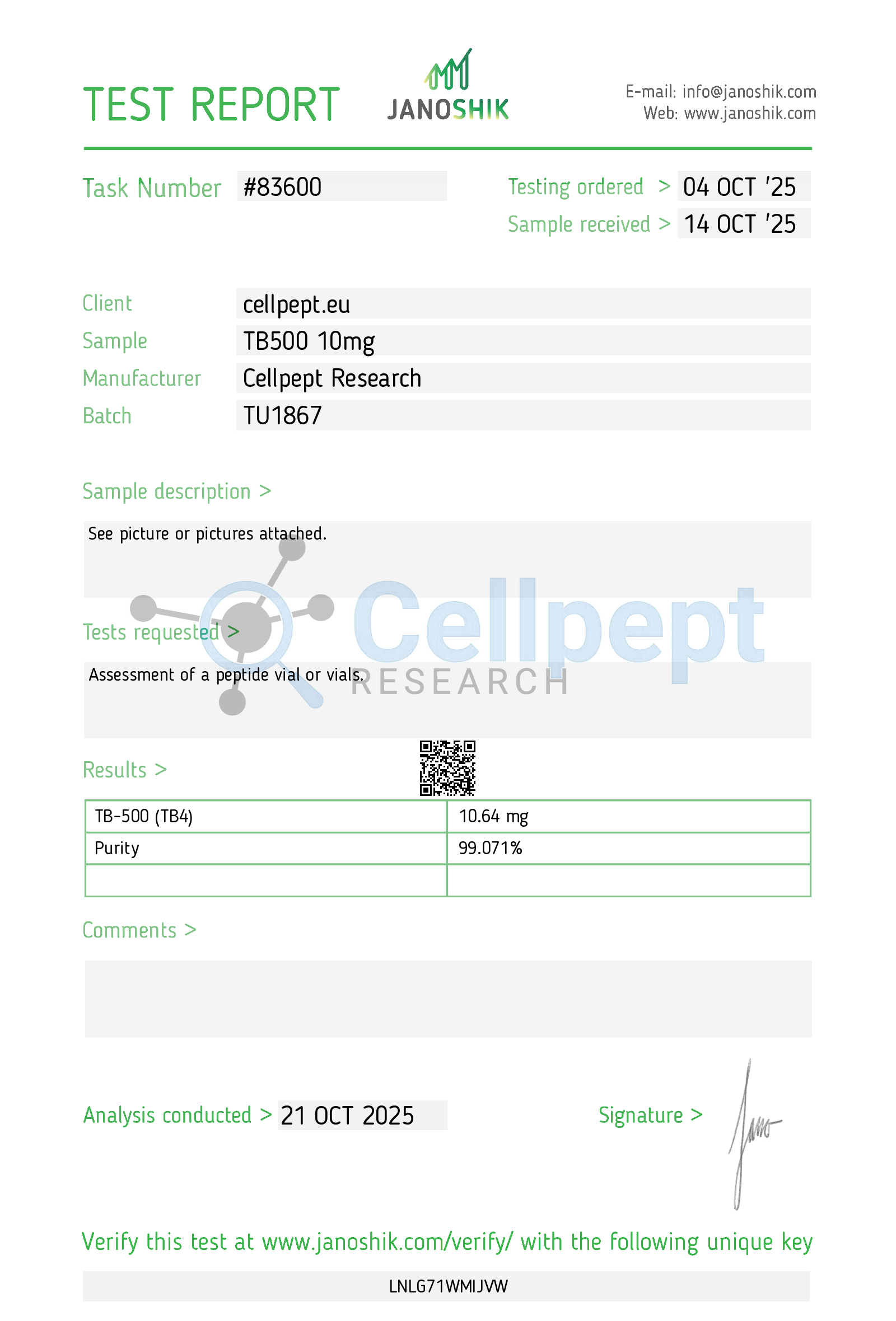 Janoshik Certificate of Analysis