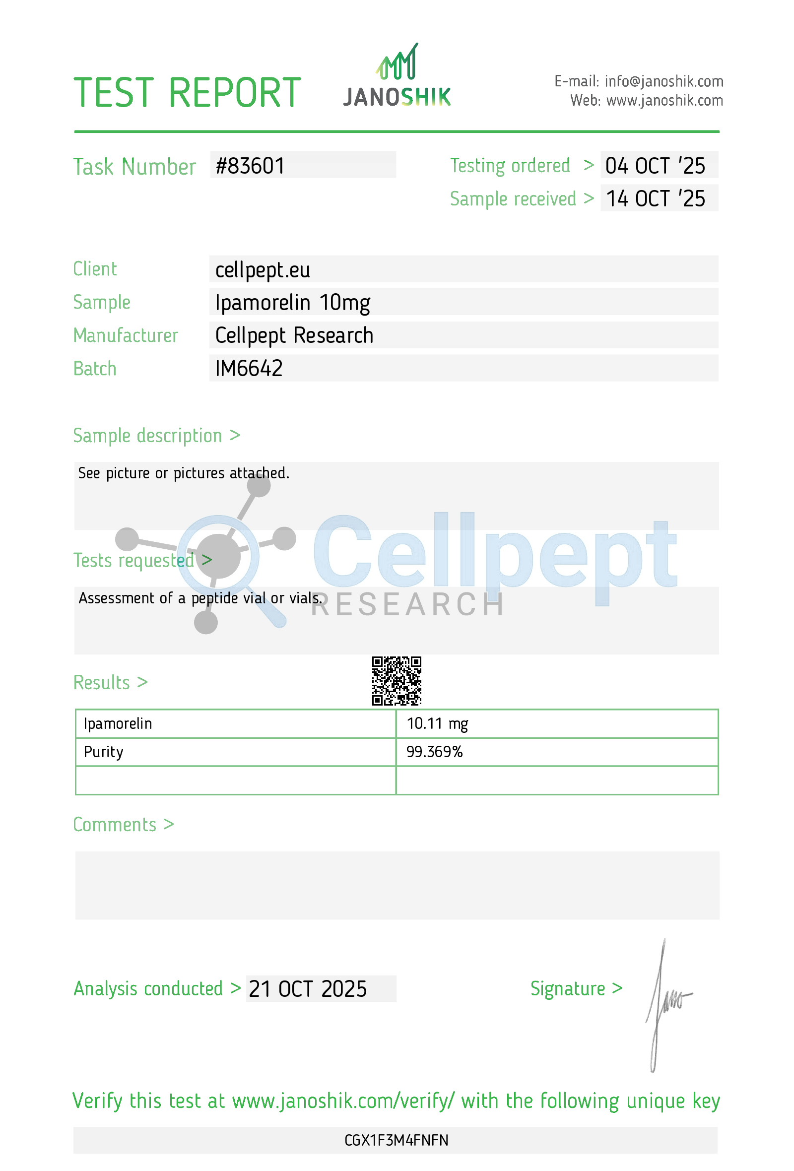 Janoshik Certificate of Analysis