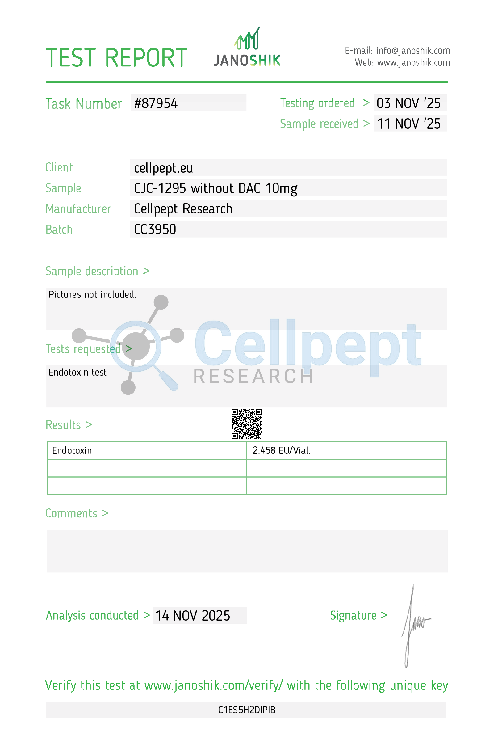 Janoshik Purity lab results