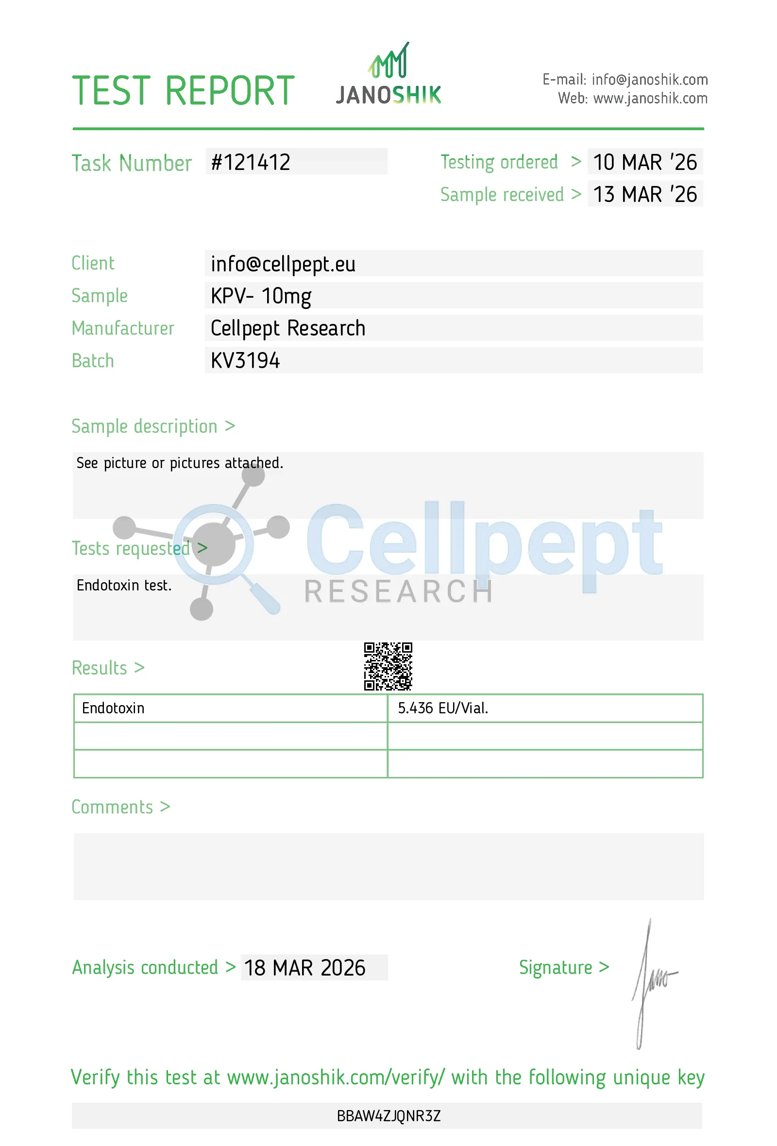 KPV Janoshik endotoxins results